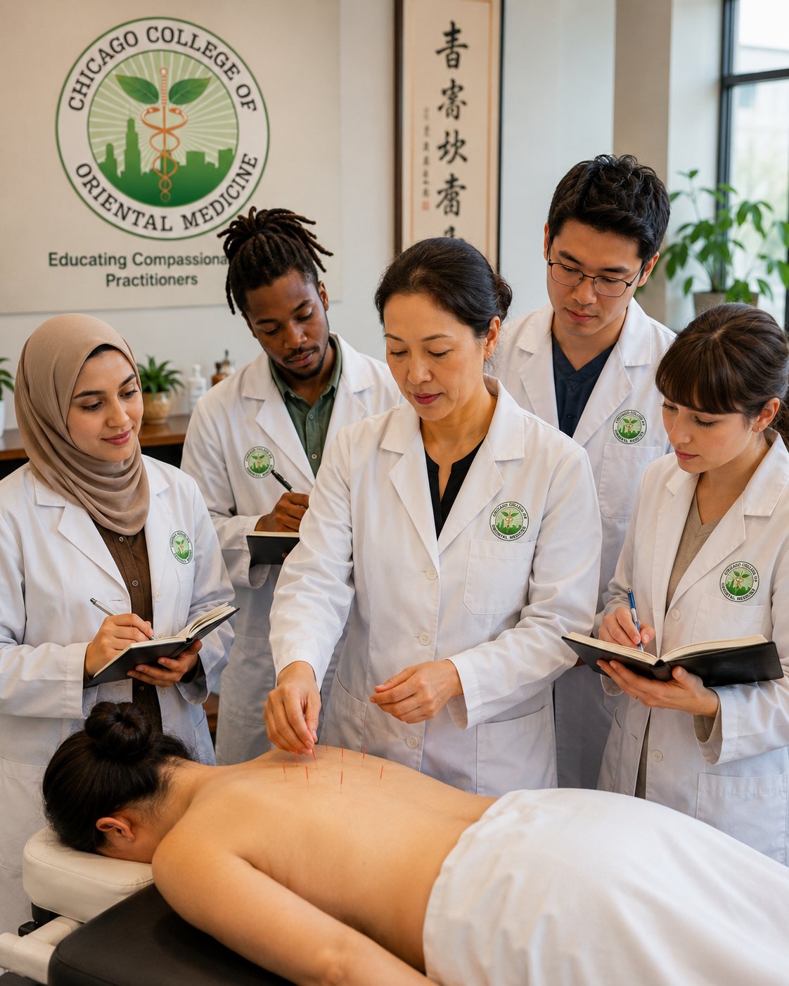 CCOM students observing an acupuncture clinical training session at the Millennium Park Acupuncture Clinic